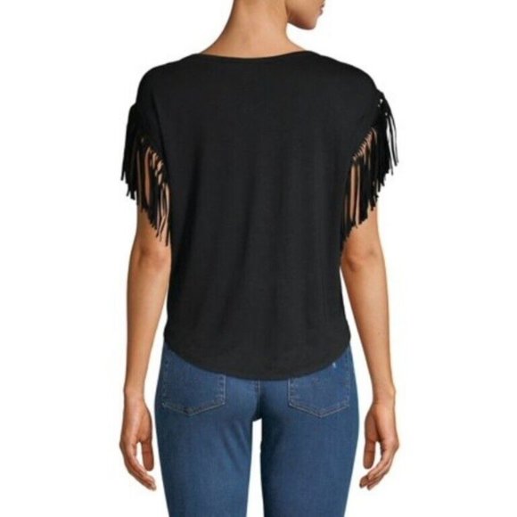 Highline Collective Fringe Sleeves NEW YORK Print Tee Shirt Black ( M ) - Picture 2 of 2
